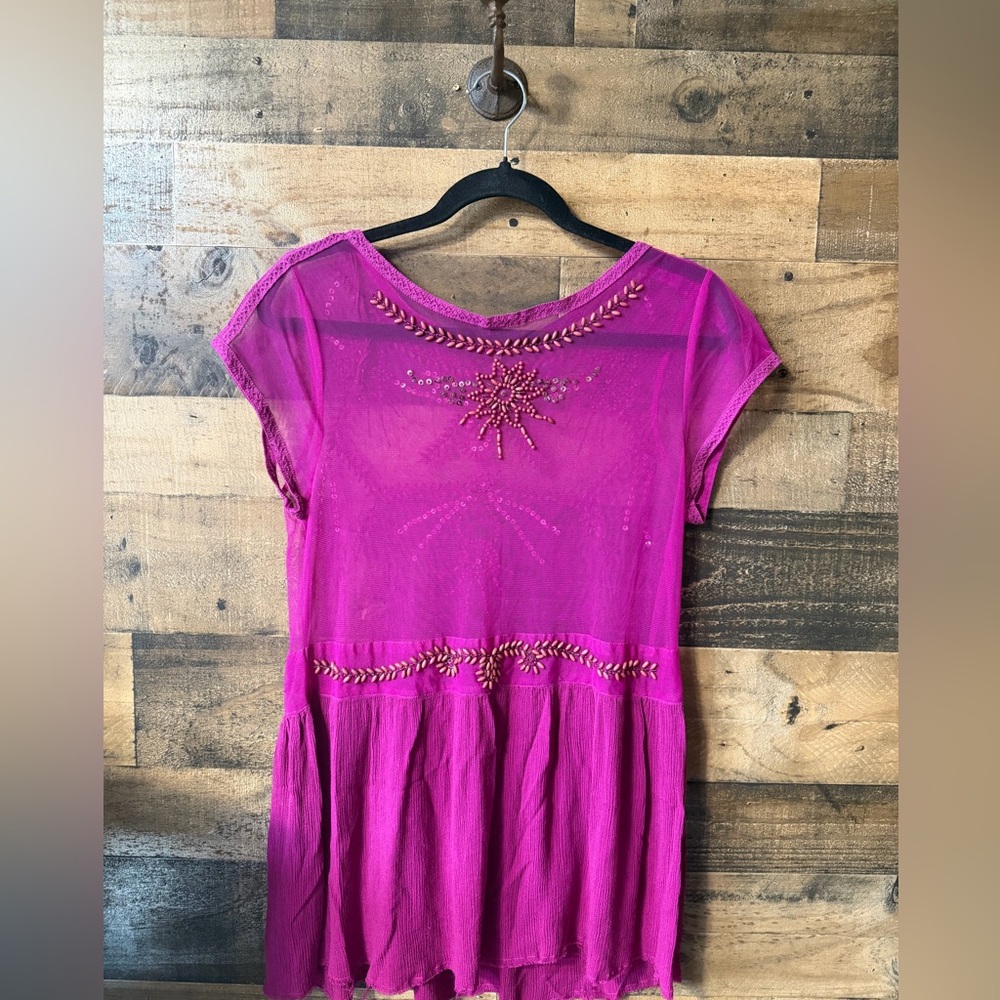 Free People Beaded Sheer Mesh & Gauze Tunic Top - Magenta - Picture 3 of 5
